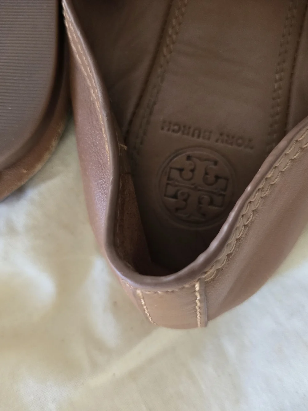 Tory Burch Taupe Leather Logo Ballet Flats